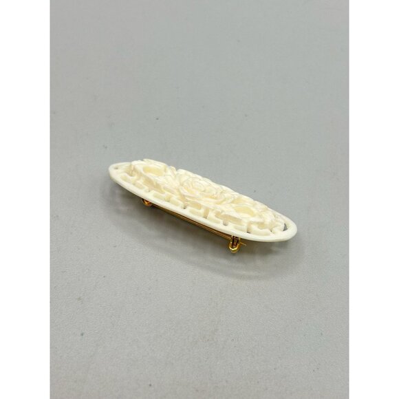 Vintage Carved Celluloid Ivory White Floral Brooch Pin Intricate Rose Design - Picture 4 of 6